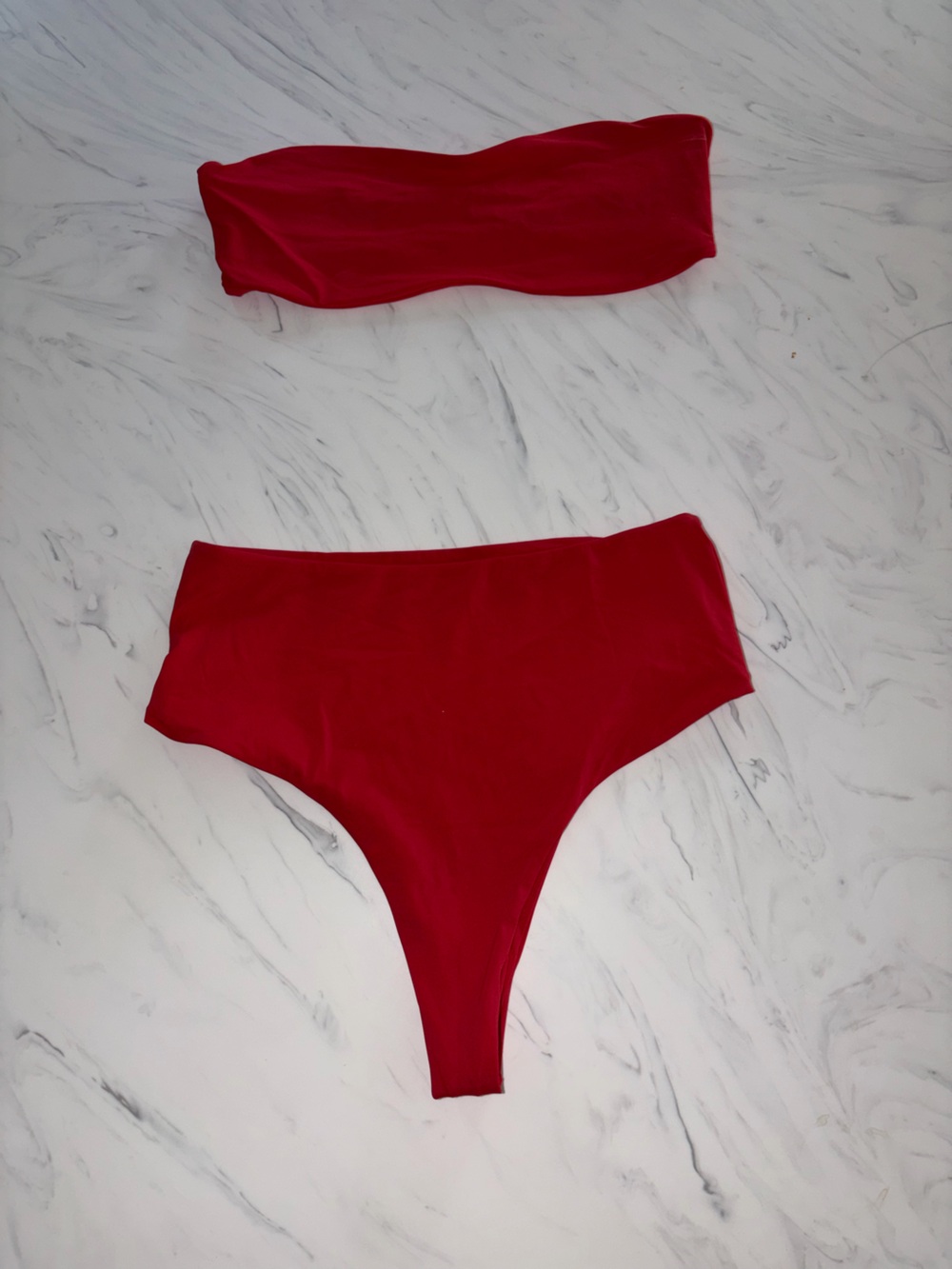 nwot ➳ po swim aerie anthro bikini set • bandeau soft cheeky hi waist bottom red
